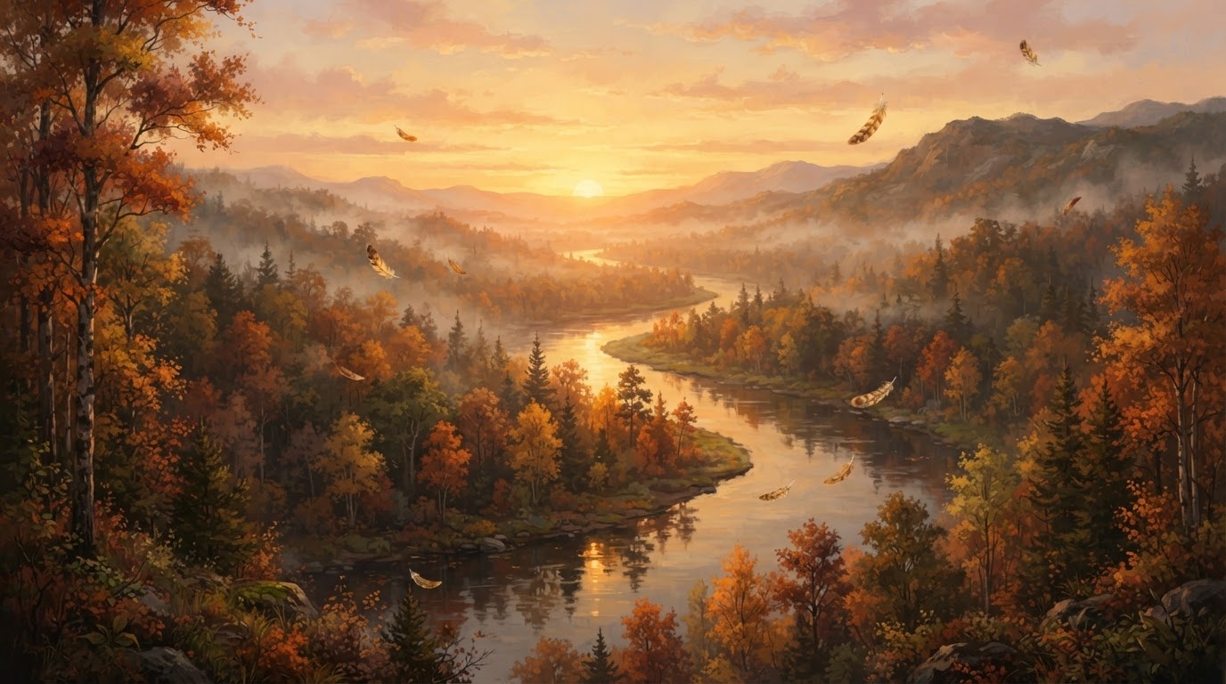 Sunset over a river winding through a golden forest